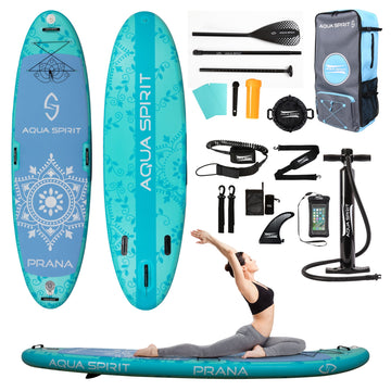 Aqua Spirit Prana 10′ 8″ Yoga Water Aqua Fitness Stand Up Paddle Board Kit | 6" Thick | Aluminium Paddle & Clips, Backpack, Change Mat, Pump, Leash, Mount for GoPro, Shoulder Straps & 2 Year Warranty - Aqua Spirit iSUPs